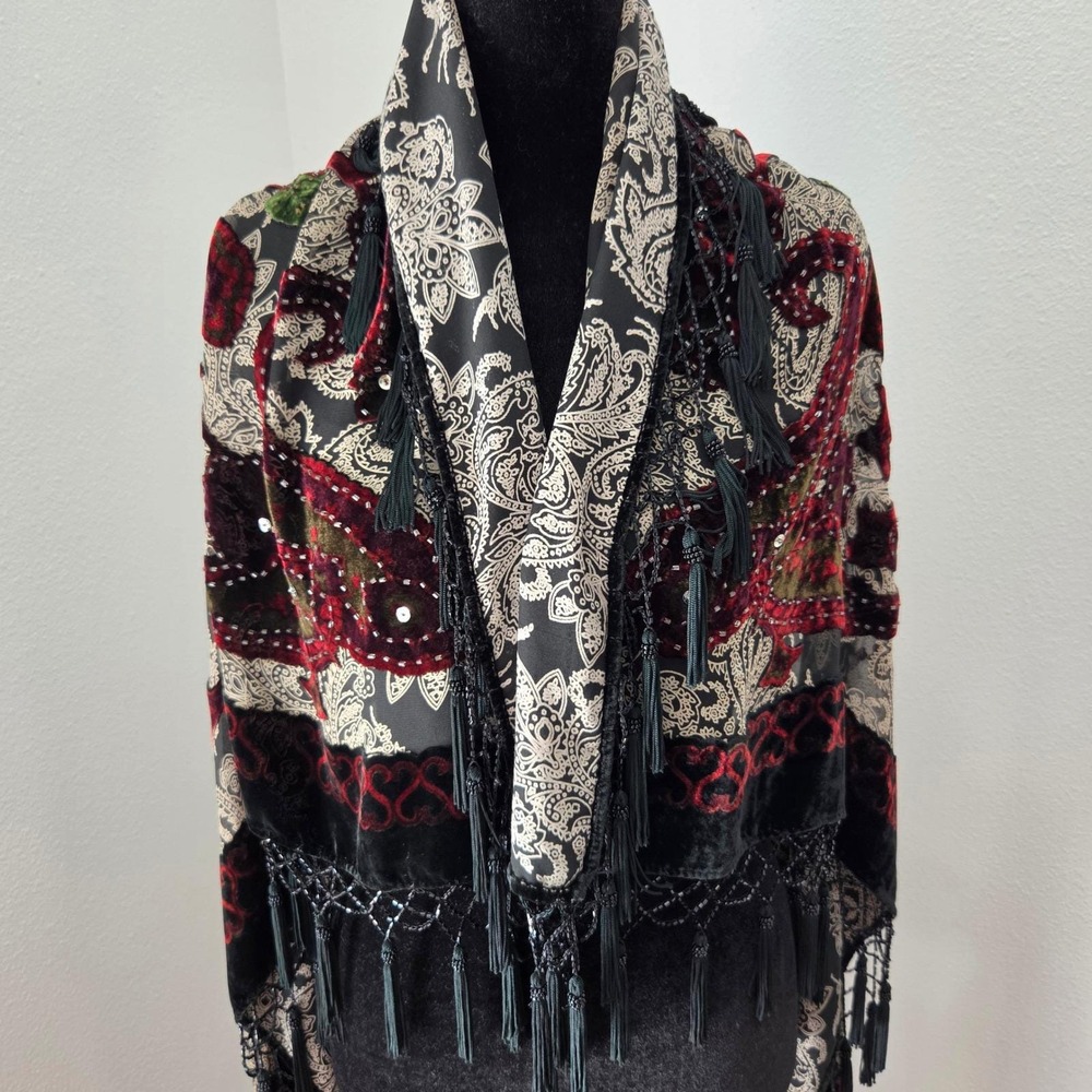 Vintage Beaded Velvet Red Rose Shawl Wrap Black Burgundy Embellished Tassel